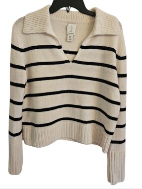 joie 100% Cashmere Collared Striped Vneck Navy Stripes Sweater Sz M